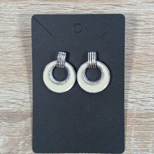 Silver Tone Cream Enamel Circle Drop Earrings Geometric Retro Style
